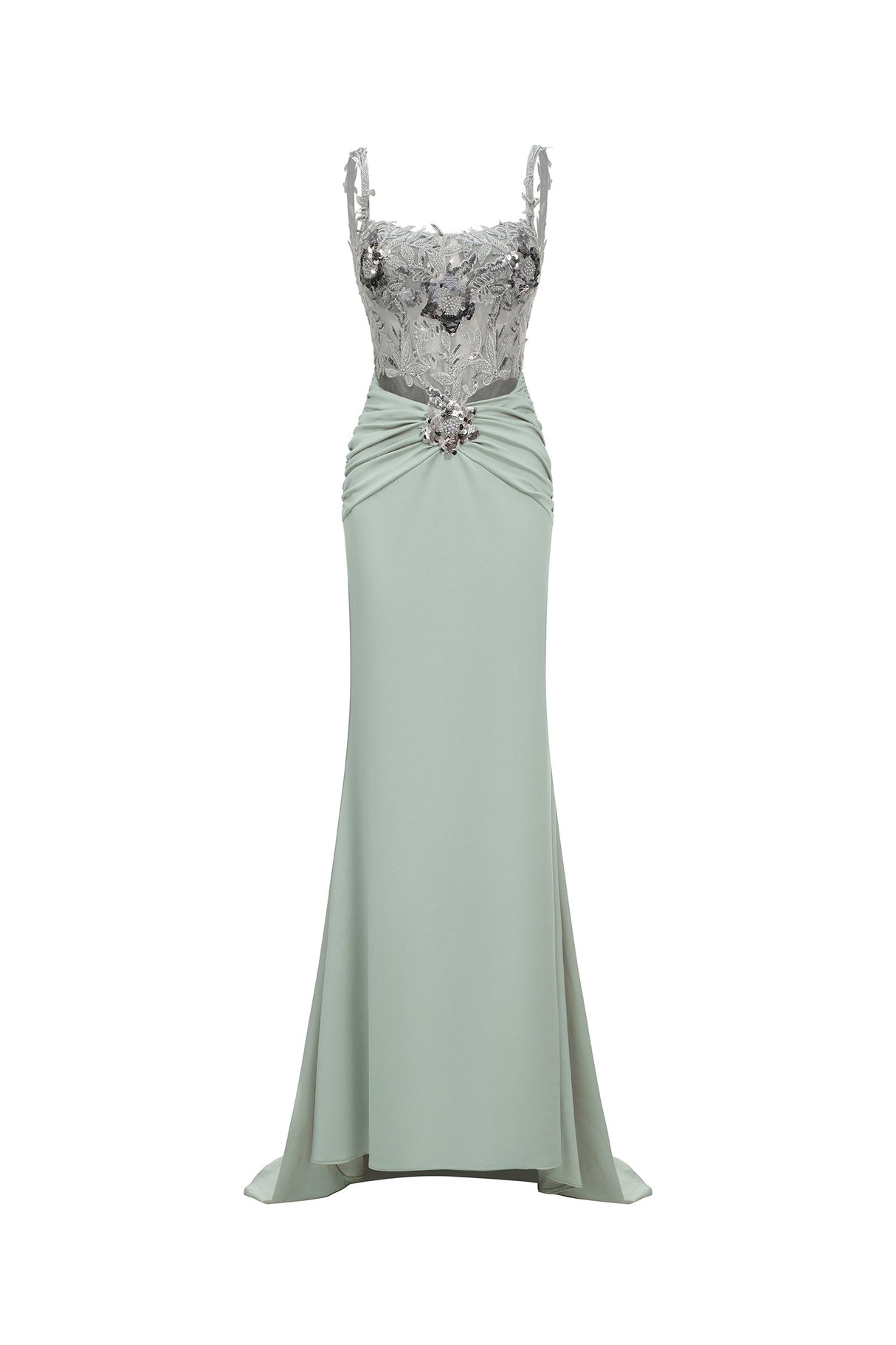 Natasha Green Embroidered Fishtail Dress for Formal Occasions