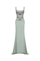 Natasha Green Embroidered Fishtail Dress for Formal Occasions