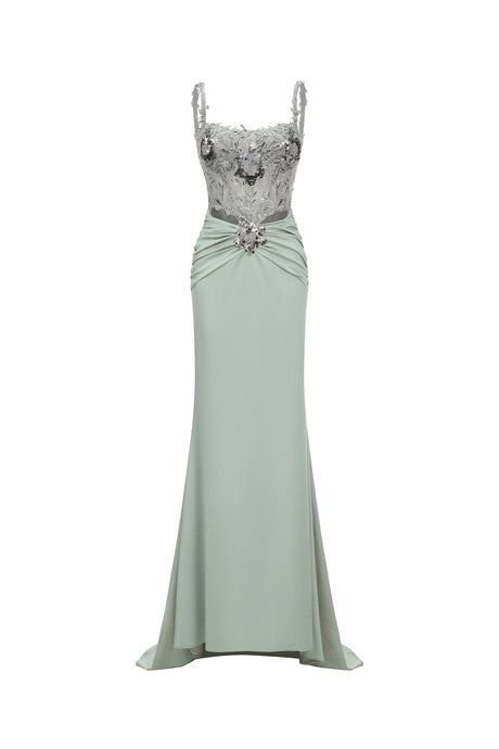 Natasha Green Embroidered Fishtail Dress for Formal Occasions