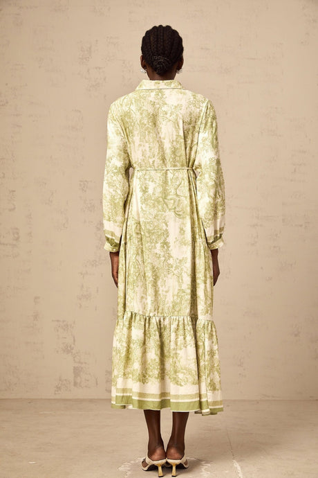 Natasha Midi Dress Green & White Smudged Graffiti Flared Skirt