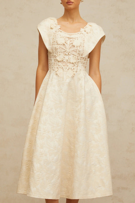 Natasha Midi Dress Neutrals Floral Embroidered & Pearl Embellished