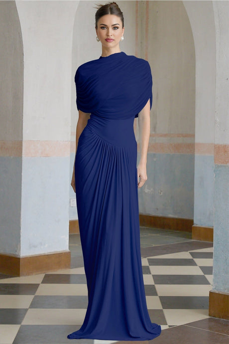 Navy blue asymmetric pleated maxi dress with Catherine design on model