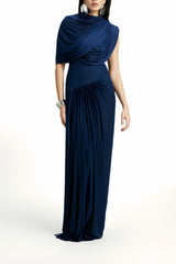 Navy Maxi Dress - Navy - Sleeveless - Pleated - Asymmetrical - Ruched - Draped - Floor - Length - Slip - On