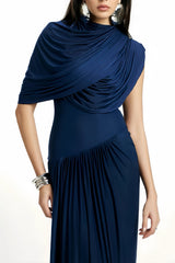 Navy Maxi Dress - Navy - Sleeveless - Pleated - Asymmetrical - Ruched - Draped - Floor - Length - Slip - On