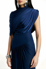 Navy Maxi Dress - Navy - Sleeveless - Pleated - Asymmetrical - Ruched - Draped - Floor - Length - Slip - On