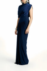 Navy Maxi Dress - Navy - Sleeveless - Pleated - Asymmetrical - Ruched - Draped - Floor - Length - Slip - On