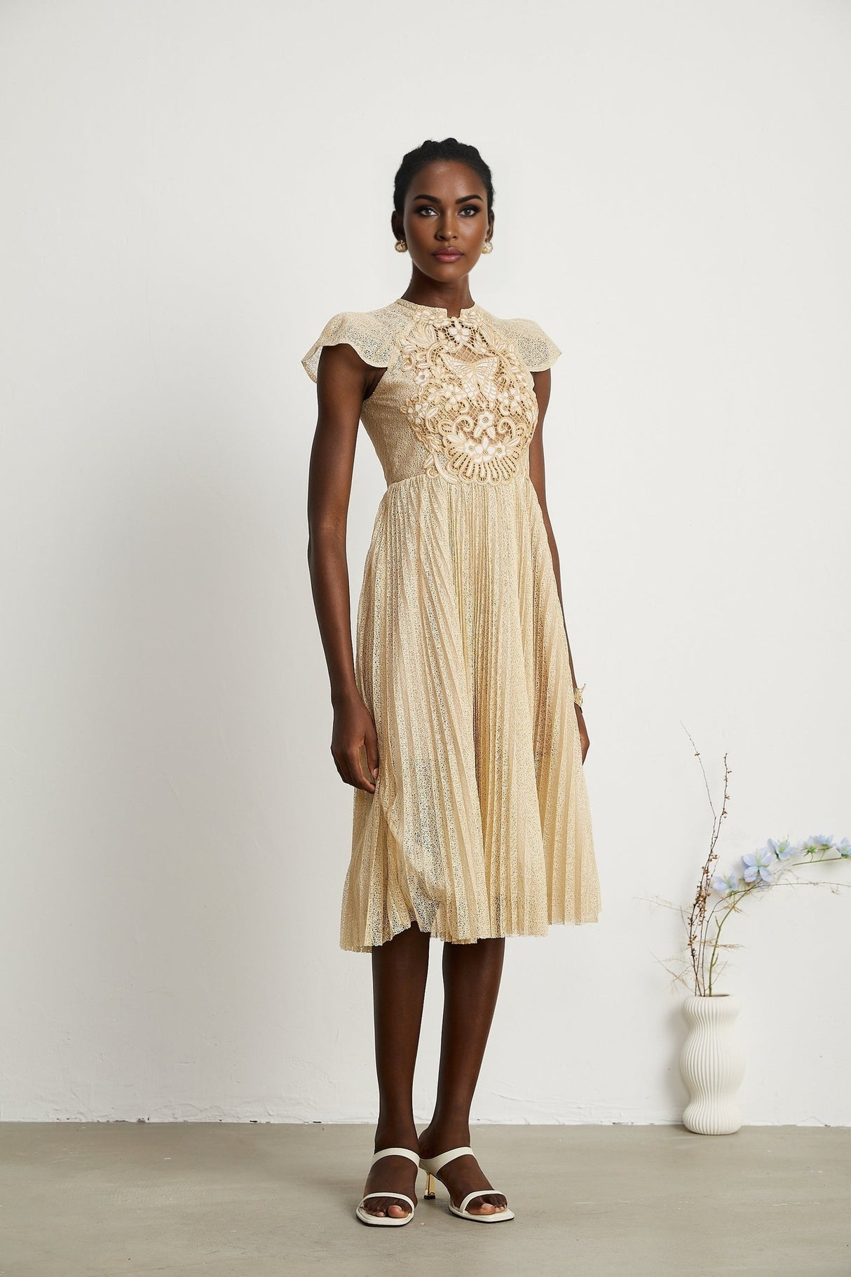 Nerissa embroidered pleated midi dress