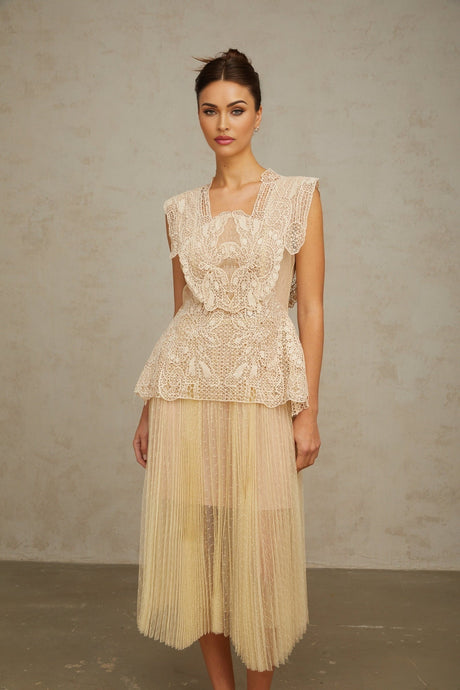 Neutral colored midi dress with floral lace panels and tulle skirt