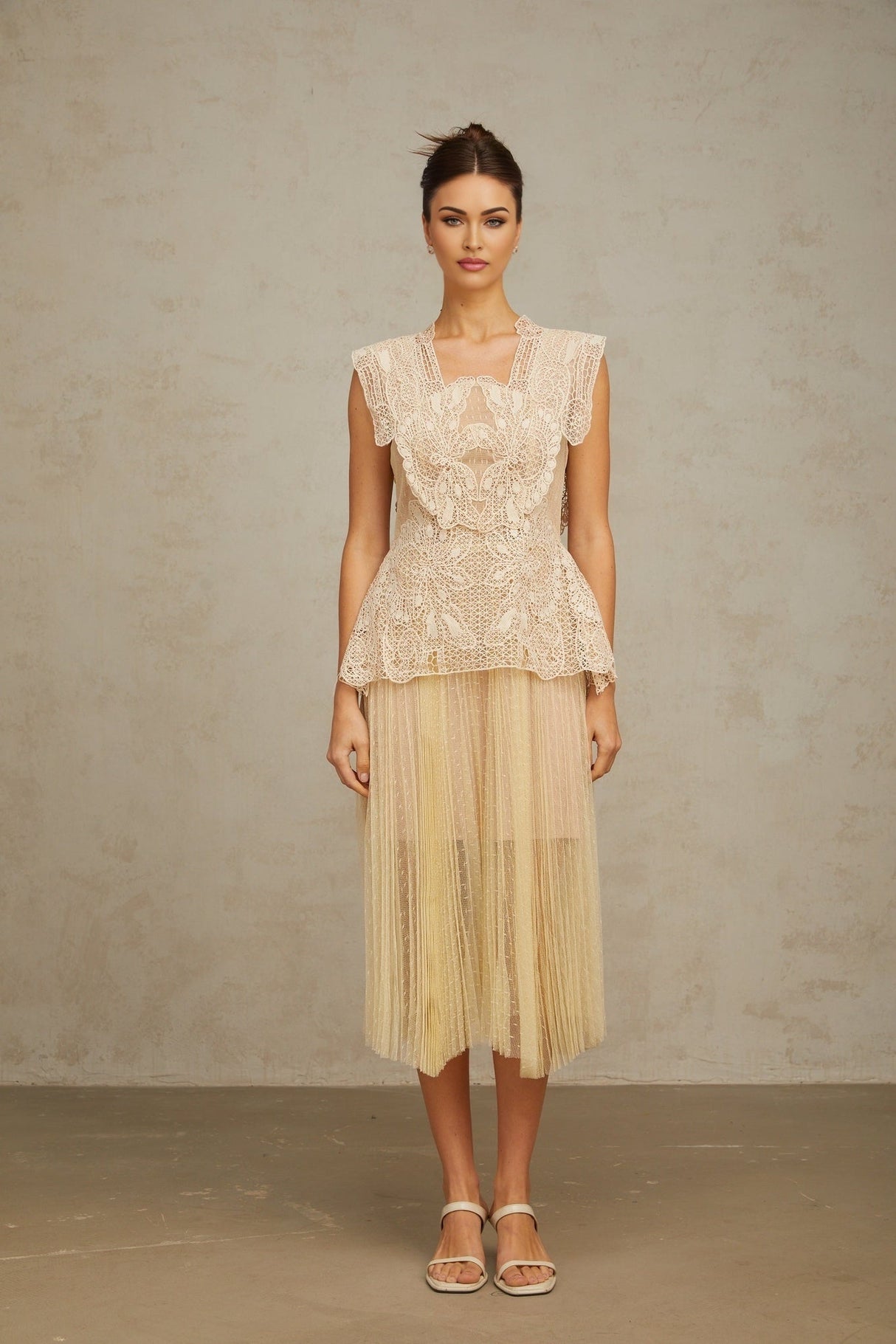 Neutral tone midi dress with floral lace panels and tulle overlay Celeste style