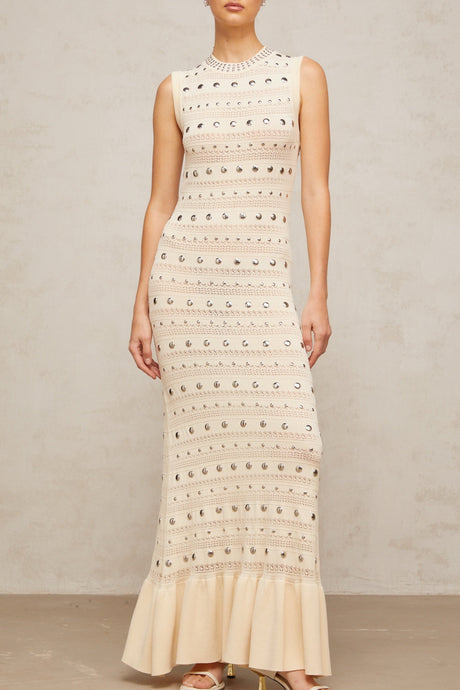 Neutraltoned long crochet maxi dress with studded details by Chloé