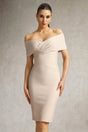 Nicole Beige Off-Shoulder Fitted Dress with Wrap Design