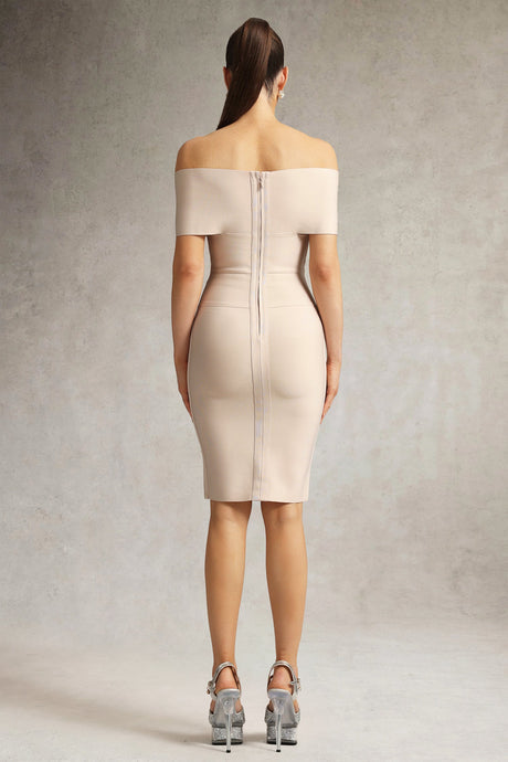 Nicole Beige Off-Shoulder Fitted Wrap Dress