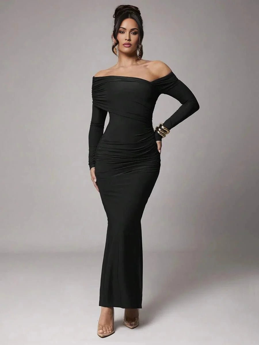 Nicole Maxi Dress - Asymmetrical Neckline - Mermaid Hem - Bodycon Fit - Elegant Style