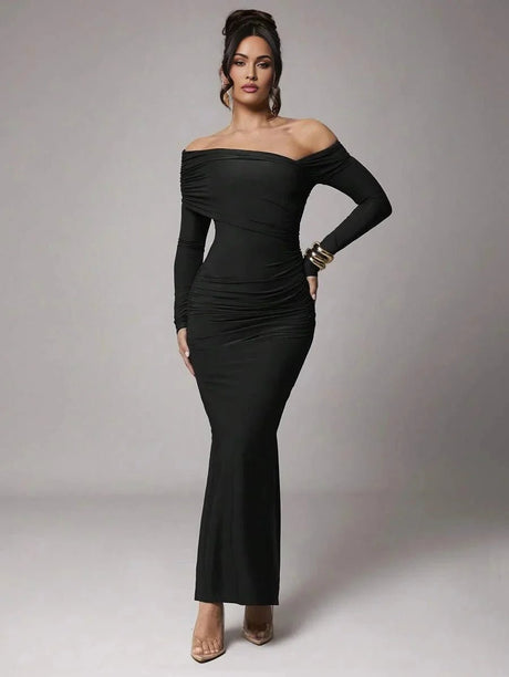 Nicole Maxi Dress - Asymmetrical Neckline - Mermaid Hem - Bodycon Fit - Elegant Style