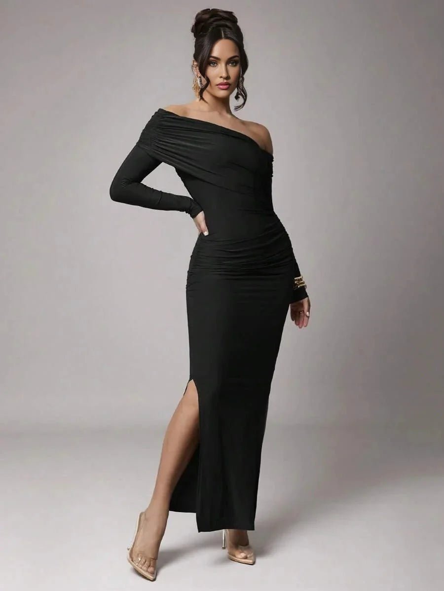 Nicole Maxi Dress - Asymmetrical Neckline - Mermaid Hem - Bodycon Fit - Elegant Style