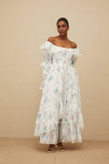 Nicole Maxi Dress - Off - Shoulder Floral Print - Flared Cuffs - Fitted Waistline