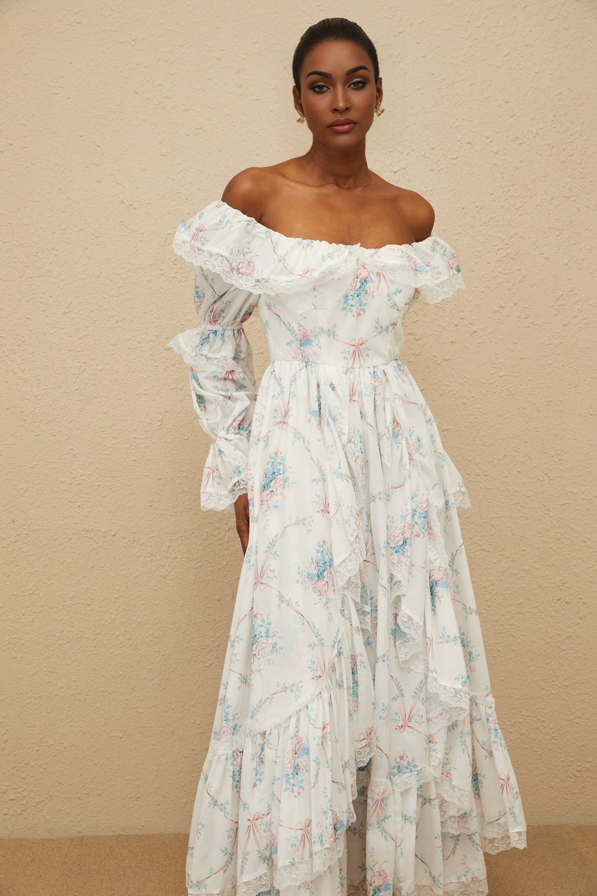 Nicole Maxi Dress - Off - Shoulder Floral Print - Flared Cuffs - Fitted Waistline