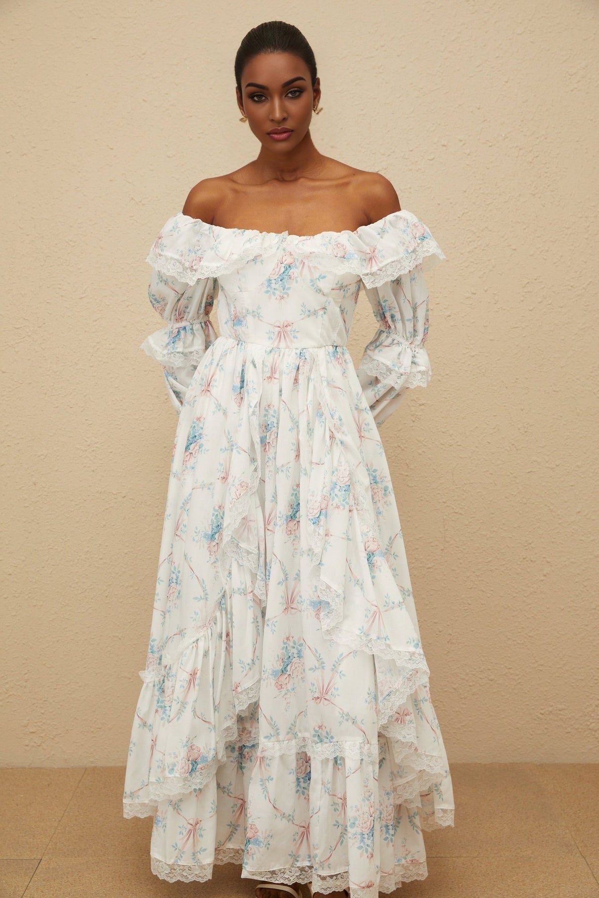 Nicole Maxi Dress - Off - Shoulder Floral Print - Flared Cuffs - Fitted Waistline