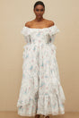 Nicole Maxi Dress - Off - Shoulder Floral Print - Flared Cuffs - Fitted Waistline