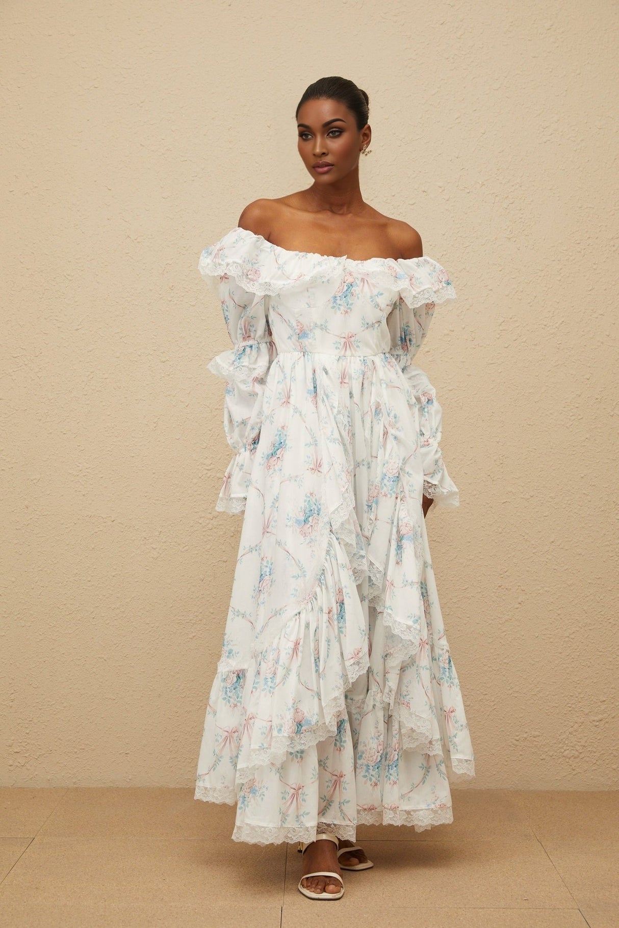 Nicole Maxi Dress - Off - Shoulder Floral Print - Flared Cuffs - Fitted Waistline