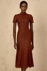 Nicole Midi Dress Brown Rhinestone Embellished Tulle Flared Hem
