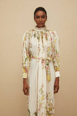 Nicole Midi Dress - Turtleneck - Cinched Waist - Floral Print - Pleated Design - Buttoned Cuffs