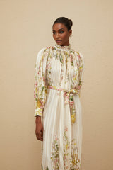 Nicole Midi Dress - Turtleneck - Cinched Waist - Floral Print - Pleated Design - Buttoned Cuffs