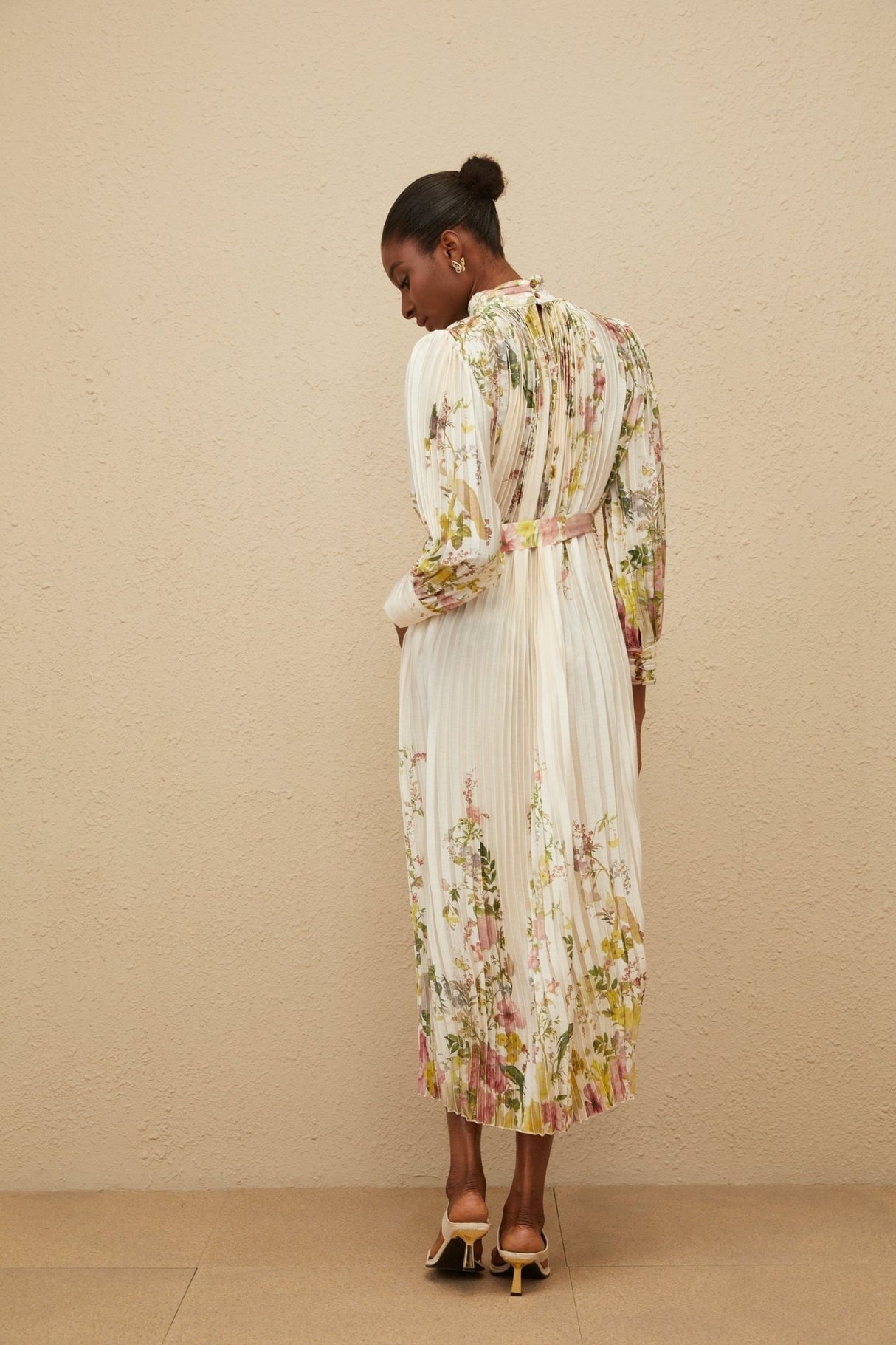 Nicole Midi Dress - Turtleneck - Cinched Waist - Floral Print - Pleated Design - Buttoned Cuffs