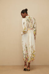 Nicole Midi Dress - Turtleneck - Cinched Waist - Floral Print - Pleated Design - Buttoned Cuffs