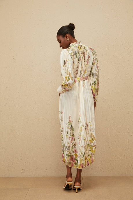 Nicole Midi Dress - Turtleneck - Cinched Waist - Floral Print - Pleated Design - Buttoned Cuffs