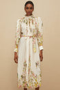 Nicole Midi Dress - Turtleneck - Cinched Waist - Floral Print - Pleated Design - Buttoned Cuffs