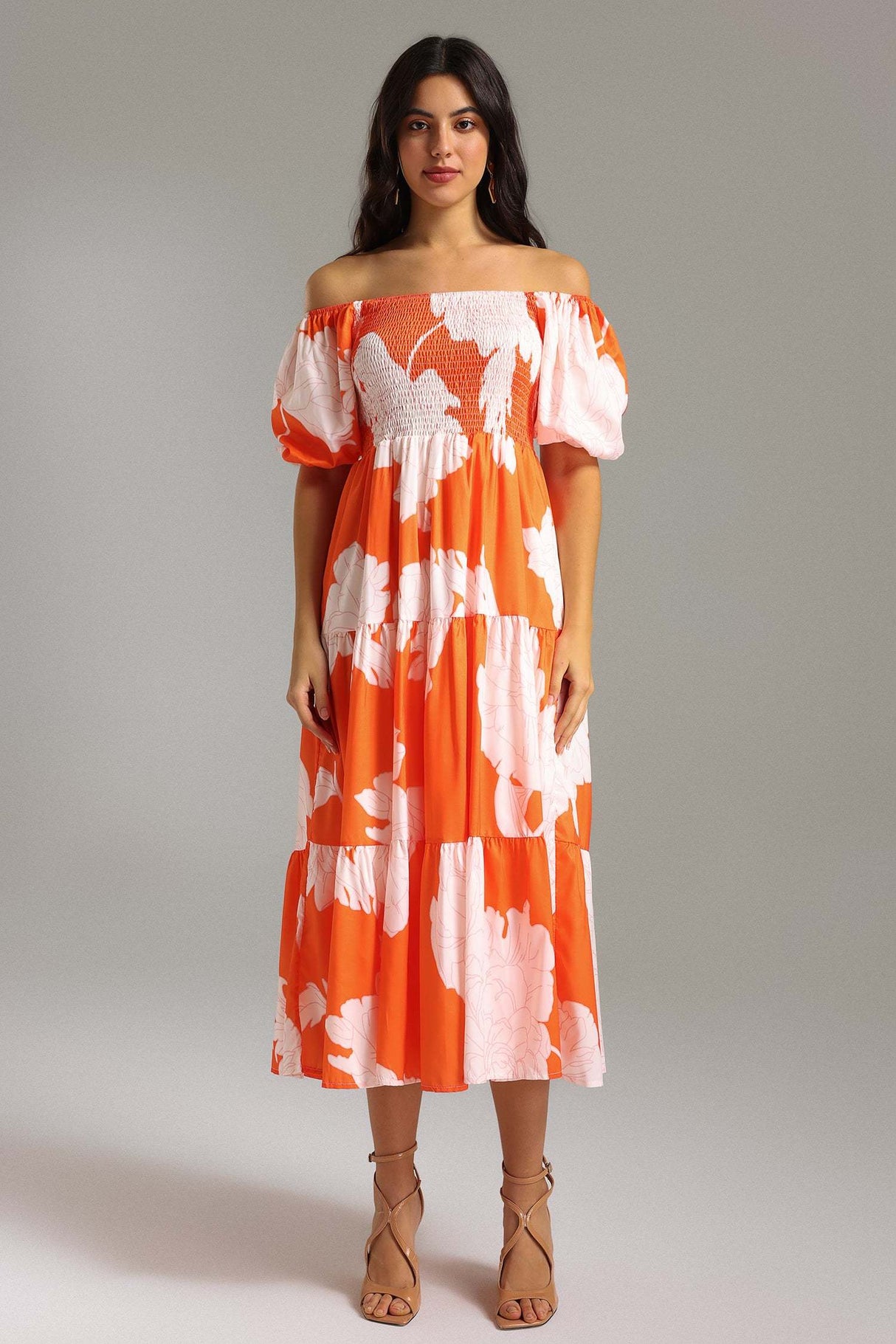 Nicole Orange Floral Off-Shoulder Smocked Bodice Tiered Skirt Puff Sleeve Dress
