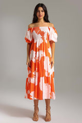 Nicole Orange Floral Off-Shoulder Smocked Bodice Tiered Skirt Puff Sleeve Dress