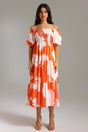 Nicole Orange Floral Off-Shoulder Smocked Bodice Tiered Skirt Puff Sleeve Dress