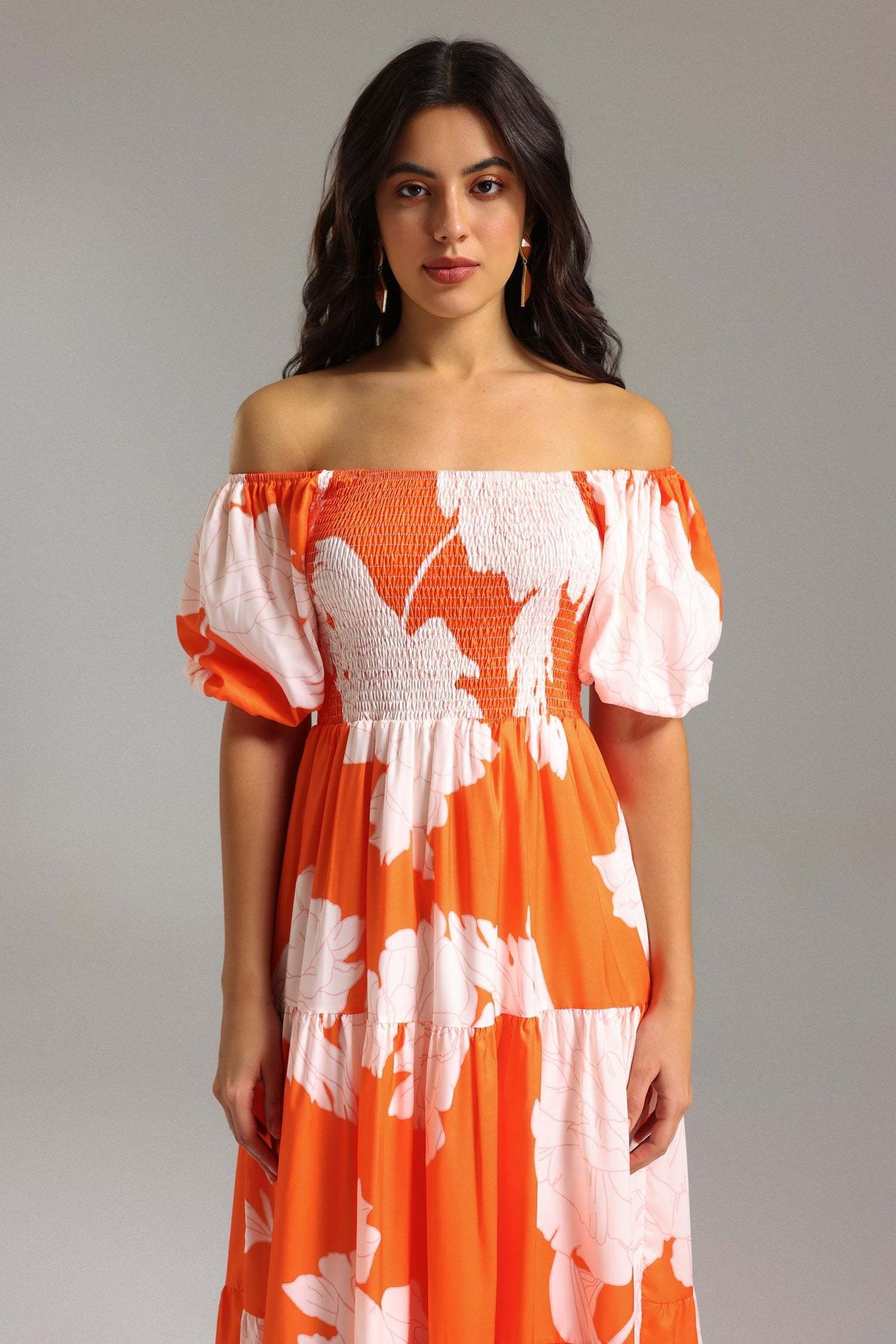 Nicole Orange Floral Smocked Off-Shoulder Dress with Puff Sleeves