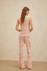 Nicole Top & Trousers Set - Round Neck - Sleeveless - Metallic Threading - Scallop Hem - High Rise