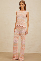 Nicole Top & Trousers Set - Round Neck - Sleeveless - Metallic Threading - Scallop Hem - High Rise