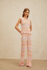 Nicole Top & Trousers Set - Round Neck - Sleeveless - Metallic Threading - Scallop Hem - High Rise