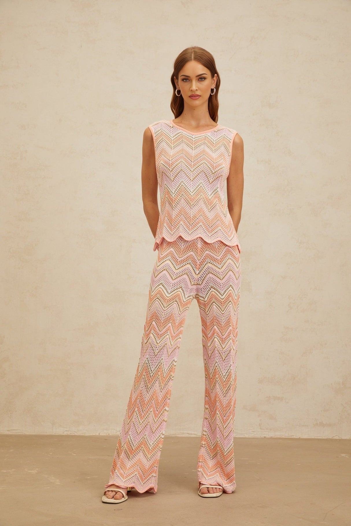 Nicole Top & Trousers Set - Round Neck - Sleeveless - Metallic Threading - Scallop Hem - High Rise