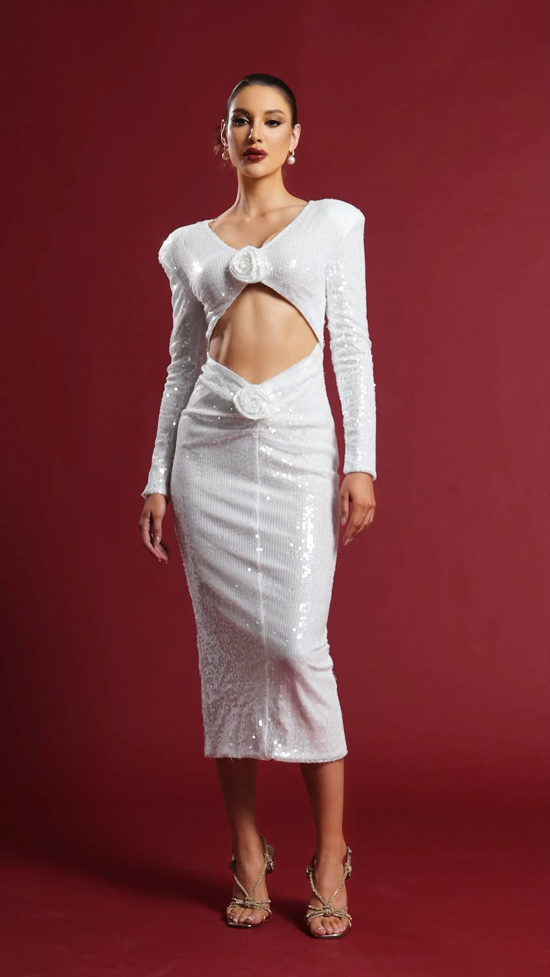 Nicole White Sequin Cut-Out Dress Faux Fur Wrap Glamorous Formal Evening Gala Cocktail Party Statement Piece