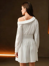 This elegant off-shoulder dress in a pristine white showcases a fitted waist and flowy skirt, perfect for a chic daytime.