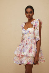 Ninetta Mini Dress - Sweetheart Neckline - Cinched Waist - Floral Print - Layered Design - Lace - Up Fastening