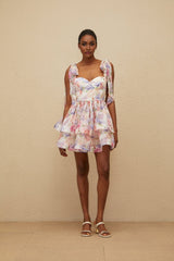Ninetta Mini Dress - Sweetheart Neckline - Cinched Waist - Floral Print - Layered Design - Lace - Up Fastening