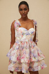 Ninetta Mini Dress - Sweetheart Neckline - Cinched Waist - Floral Print - Layered Design - Lace - Up Fastening