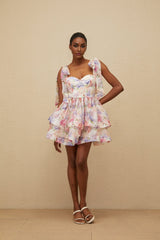 Ninetta Mini Dress - Sweetheart Neckline - Cinched Waist - Floral Print - Layered Design - Lace - Up Fastening