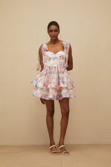 Ninetta Mini Dress - Sweetheart Neckline - Cinched Waist - Floral Print - Layered Design - Lace - Up Fastening