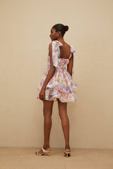 Ninetta Mini Dress - Sweetheart Neckline - Cinched Waist - Floral Print - Layered Design - Lace - Up Fastening