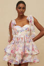 Ninetta Mini Dress - Sweetheart Neckline - Cinched Waist - Floral Print - Layered Design - Lace - Up Fastening