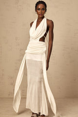 Ninfa Maxi Dress in Pure White with Halterneck & Backless Design