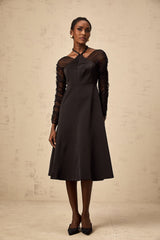 Ninfa Midi Dress Black Panelled Halterneck Flared Skirt & Rear Zip
